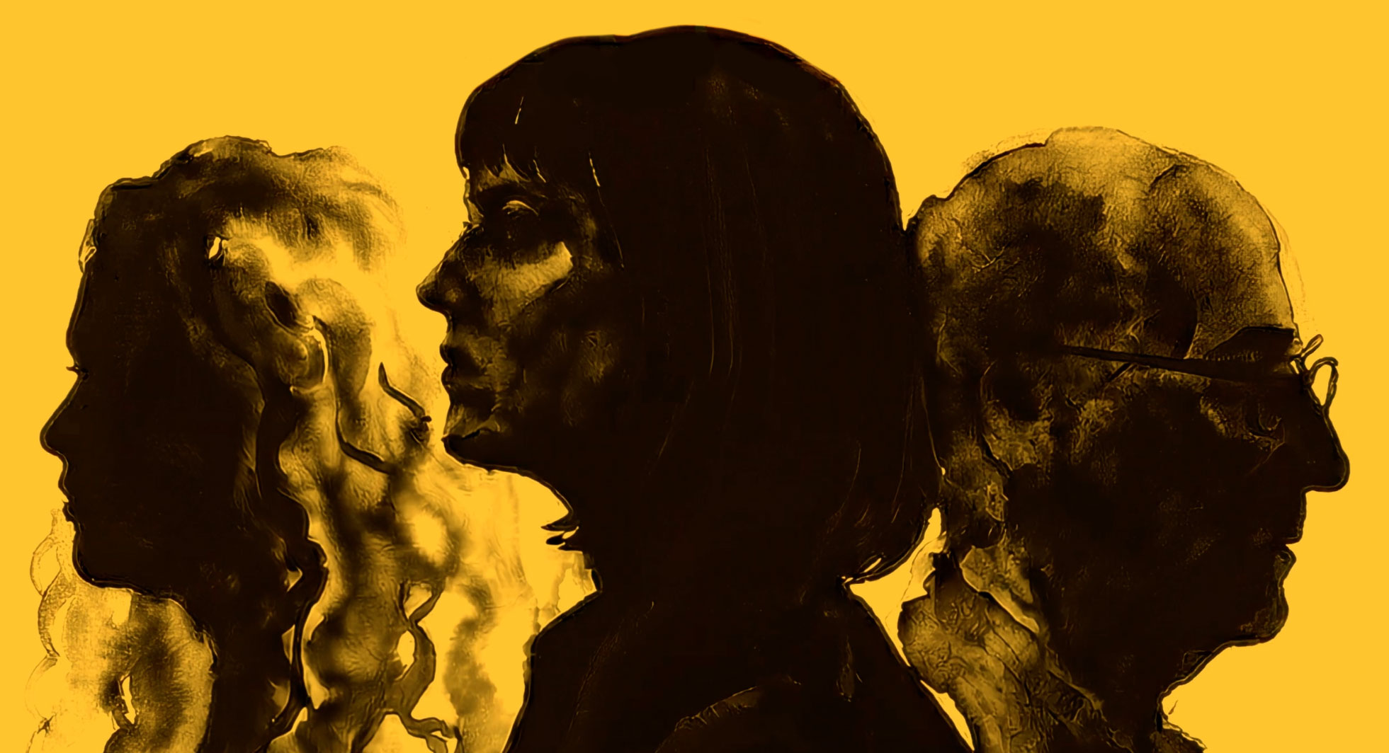 Ilustración con siluetas oscuras de tres personas de perfil sobre fondo amarillo.